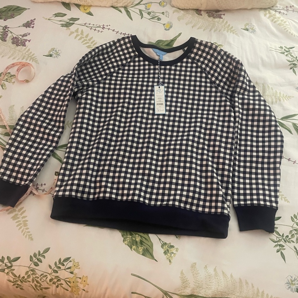 Draper James Navy and White Gingham Crewneck Sweater